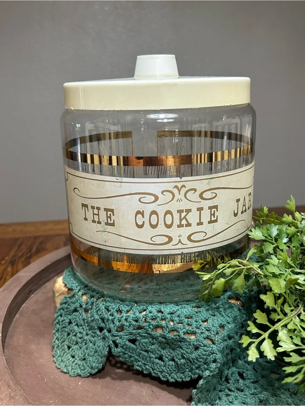 Vintage Pyrex “The Cookie Jar” Glass Canister with Gold Trim - Cream Lid